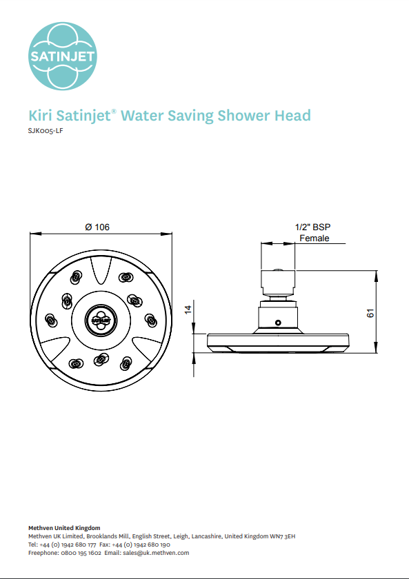 Methven Kiri Satinjet Ultra Low Flow shower head rose only technical drawing pdf