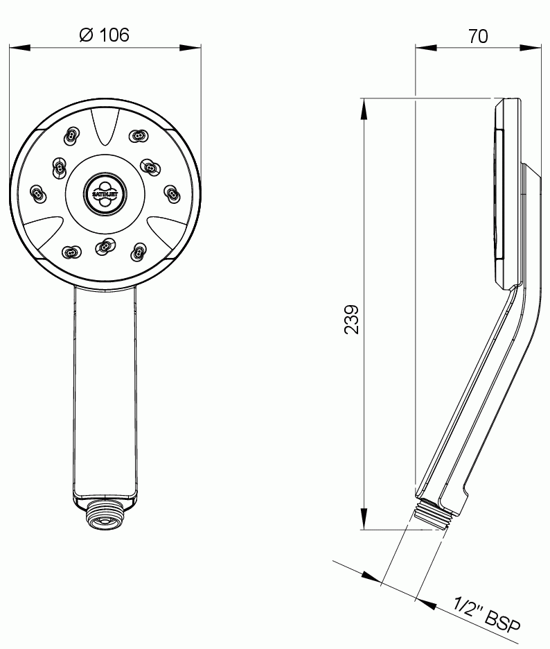 Methven Kiri Satinjet Ultra Low Flow shower head handheld technical drawing pdf