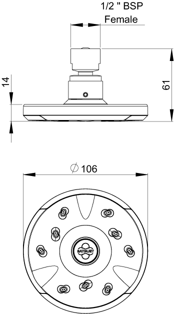 Methven Kiri Satinjet Ultra Low Flow shower head rose only technical drawing