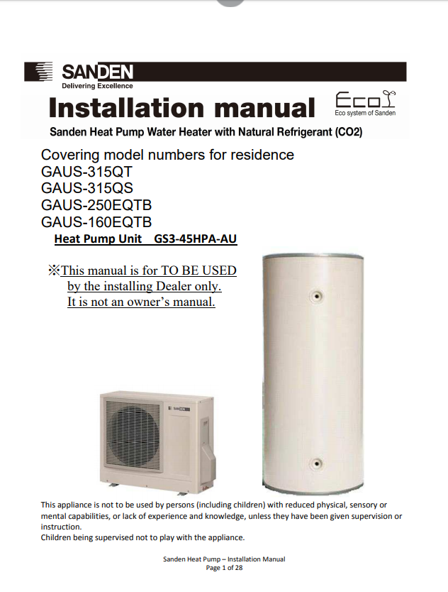 Sanden Eco PLUS Heat Pump HWS GAUS-315QT GASU-315QS GAUS-25EQTB GS3-45HPA-AU Installation Manual