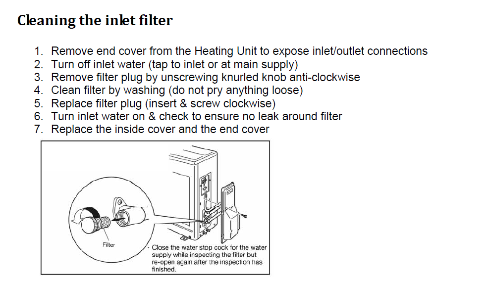 Sanden Eco Heat Pump Hot Water System EQTE G2 Cleaning the inlet filter