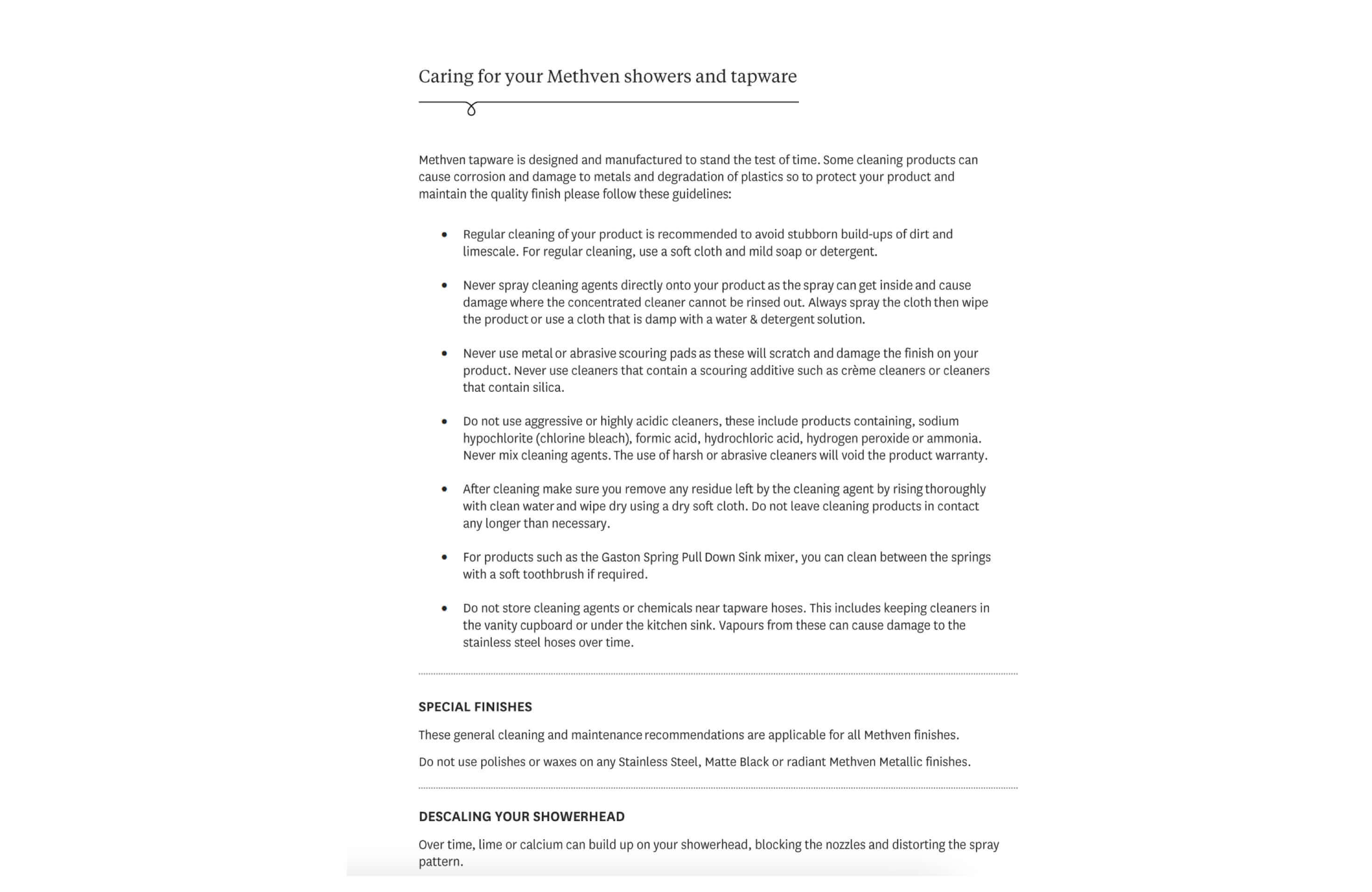 Methven Kiri Low Flow - Product Care Tips