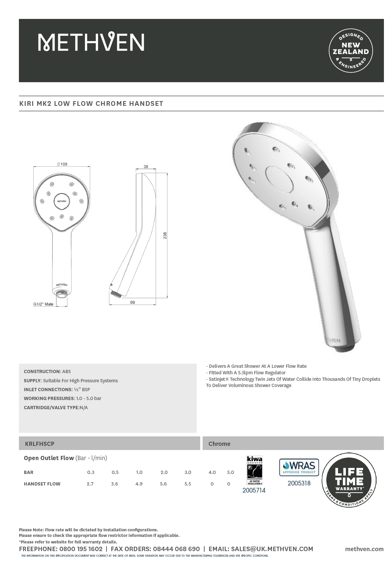 Methven Kiri Satinjet Low Flow MK2 Chrome Handheld KRLFHSCP Technical Specification