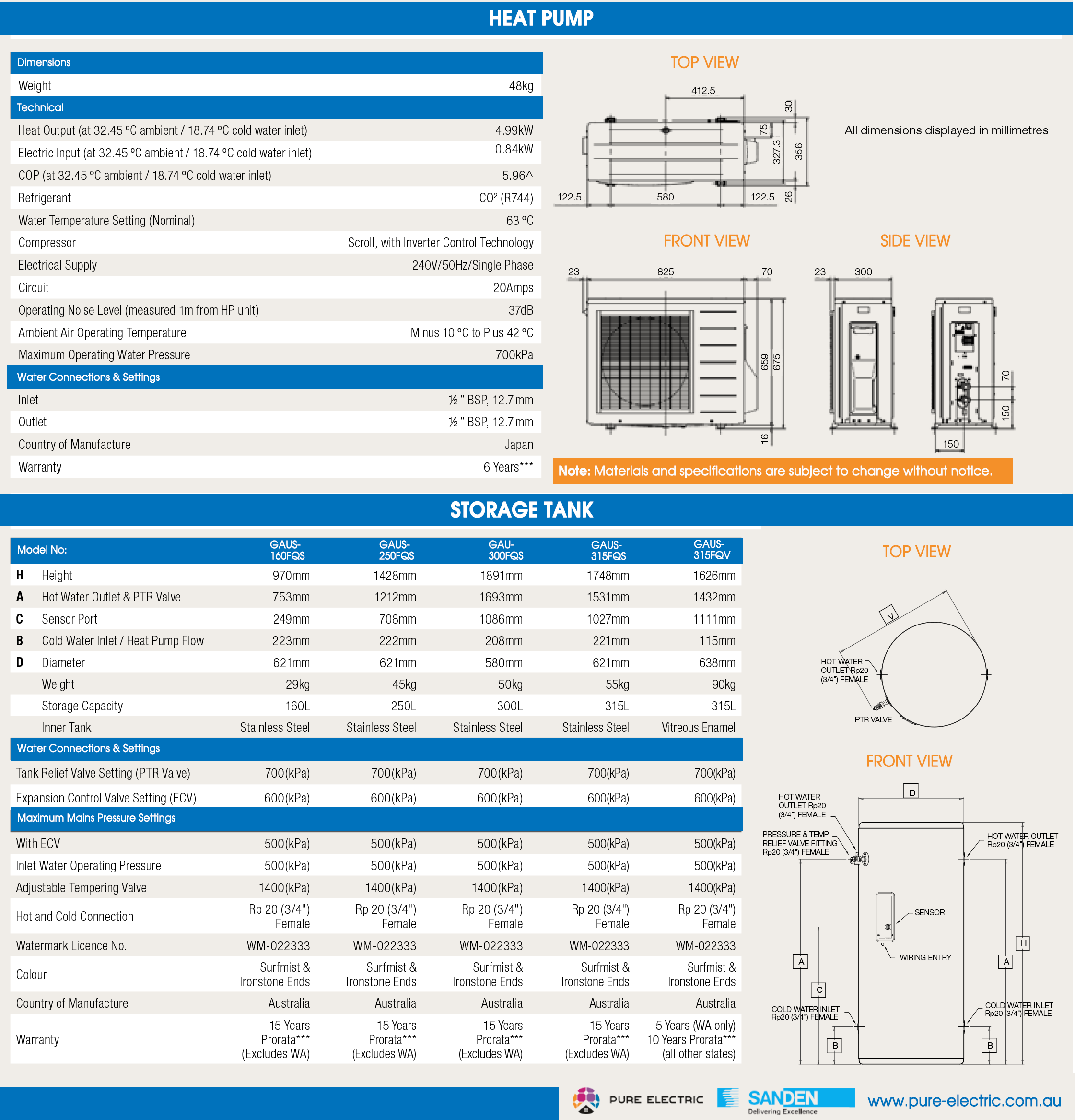 Sanden Eco Plus Hot Water Heat Pump Technical Specification