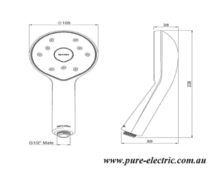 Methven Kiri Satinjet Ultra Low Flow MK2 handheld KRLFHSCP technical drawing