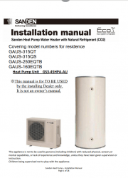 Sanden Eco PLUS Heat Pump HWS GAUS-315QT GASU-315QS GAUS-25EQTB GS3-45HPA-AU Installation Manual